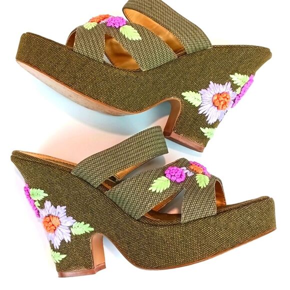Zinc Women Olive Green Floral Embroidered Wedge Platform Open Toe Sandal sz 8.5 - Picture 5 of 9